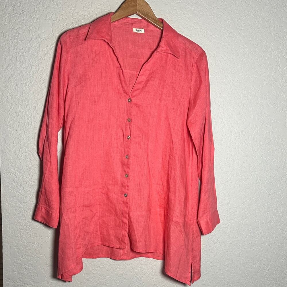 NEW Symple NYC Coral Button Up Shirt 100% Linen Roll Tab Lagenlook Layer Tunic
